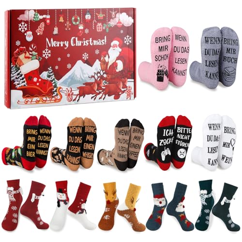 Wzone 12 Paare Adventskalender für Frauen 2024 Frauen Erwachsene Kuschelsocken, Funny Socken Baumwollsocken mit Sprüchen, Geschenke zu Weihnachten, Weihnachtssocken Geschenkset von Wzone