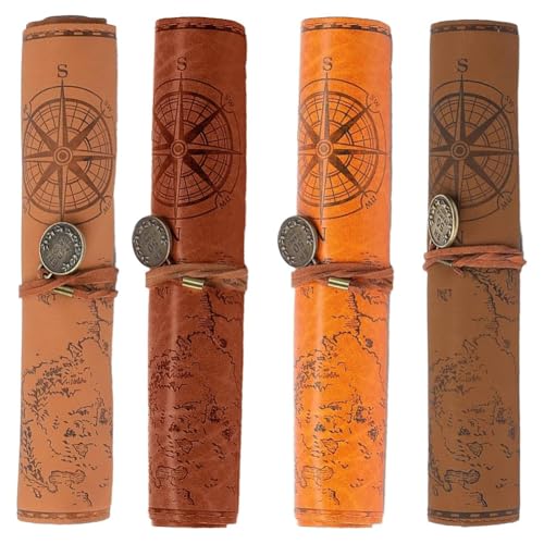 Wzxksoac 4-Teiliges Federmäppchen Aus Leder, Kreatives Roll-Up-Federmäppchen mit Landkarte, Etui für Make-Up-Pinsel im Vintage-Stil, Matt-Glatter Einband Aus Braunem PU von Wzxksoac