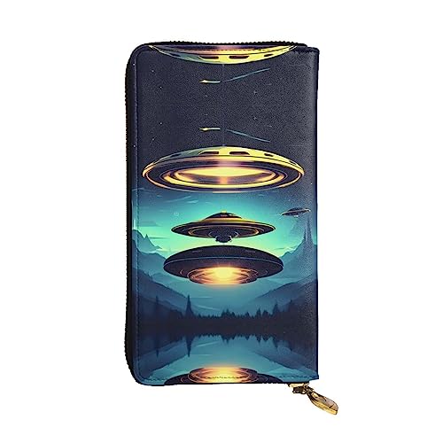Wzywhj Modische Damen-Clutch-Geldbörse aus Leder, lang, mit mehreren Fächern und Reißverschluss, Design Raumschiff, Abstiegsmuster, Schwarz , Einheitsgröße von WZYWHJ