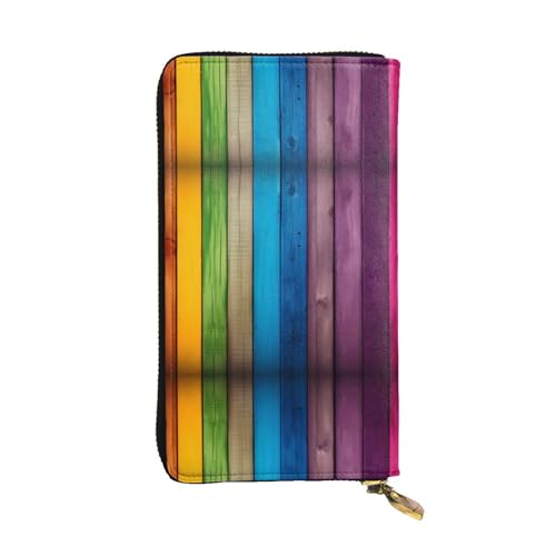 Wzywhj Modische Damen-Clutch-Geldbörse aus Leder mit mehreren Fächern und Reißverschluss, Regenbogenfarben, Holzhintergrund, Schwarz , Einheitsgröße von Wzywhj