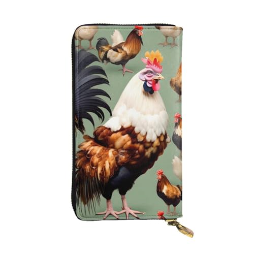 Wzywhj Modische Damen-Geldbörse aus Leder, lang, mit mehreren Fächern und Reißverschluss-Design, Hahn- und Huhn-Muster, Schwarz , Einheitsgröße von Wzywhj