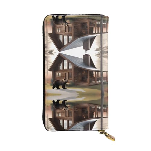 Wzywhj Modische Damen Leder Lange Clutch Geldbörse mit mehreren Fächern und Reißverschluss Design Bär und die Lodge Muster, Schwarz , Einheitsgröße von Wzywhj