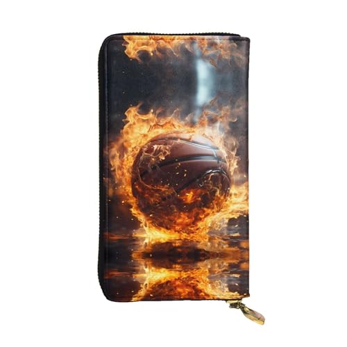 Wzywhj Modische Damen Leder Lange Clutch Geldbörse mit mehreren Fächern und Reißverschluss Design Basketball auf Feuer und Wasser Flamme Spritzmuster, Schwarz , Einheitsgröße von WZYWHJ
