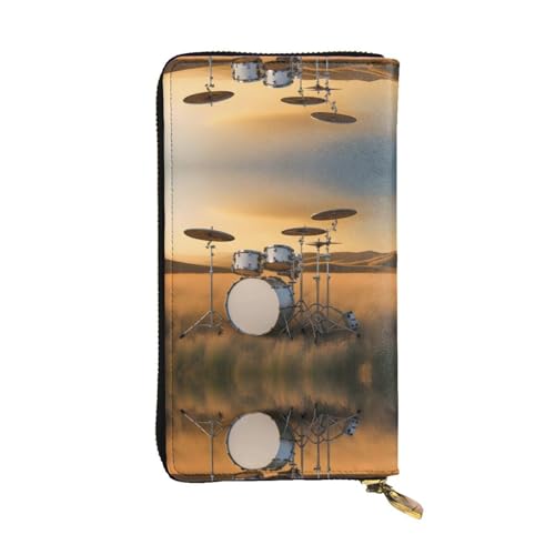 Wzywhj Modische Damen Leder Lange Clutch Geldbörse mit mehreren Fächern und Reißverschluss Design Musiktrommel im Feldmuster, Schwarz , Einheitsgröße von WZYWHJ