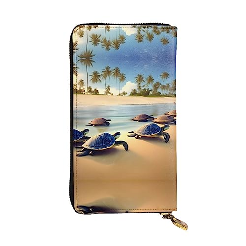 Wzywhj Modische Damen Leder Lange Clutch Geldbörse mit mehreren Fächern und Reißverschluss Design Schildkröten am Strand Bild, Schwarz , Einheitsgröße von Wzywhj