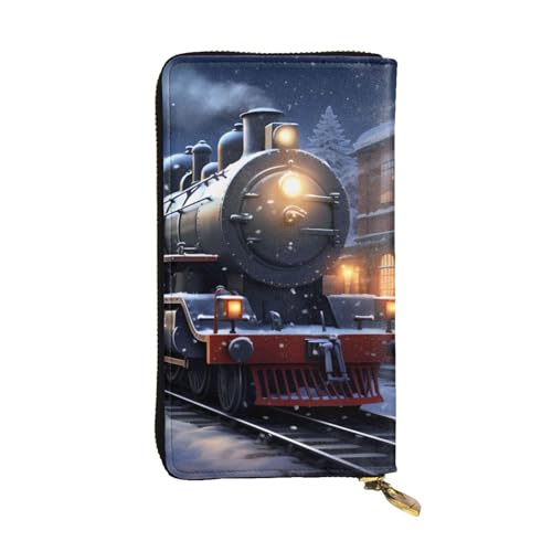Wzywhj Modische Damen Leder Lange Clutch Geldbörse mit mehreren Fächern und Reißverschluss Design Winter Weihnachten Schnee Nacht Eisenbahn Zug Bild, Schwarz , Einheitsgröße von WZYWHJ