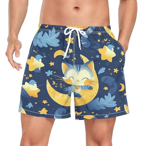 Wzzzsun Süße Weltraumkatzen Mondstern Herren Badeshorts Badehose Männer Boardshorts mit Mesh-Futter für Sporthose Schwimmhose von Wzzzsun