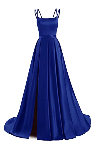 Frauen Spaghetti Strap Ballkleid 2022 Long Slit A Line Brautjungfer Kleider Satin Formale Abend Party Kleider mit Taschen von X/Y