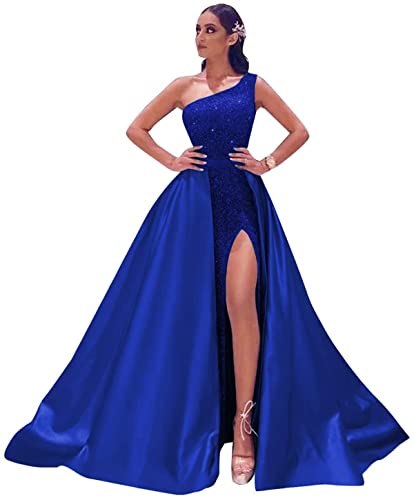 X/Y Frauen Abschlussball Kleid 2022 Eine Schulter Glitzernde Pailletten Abendkleider Meerjungfrau Slit Formale Party Ball Kleid mit Satin Abnehmbare Schleppe von X/Y