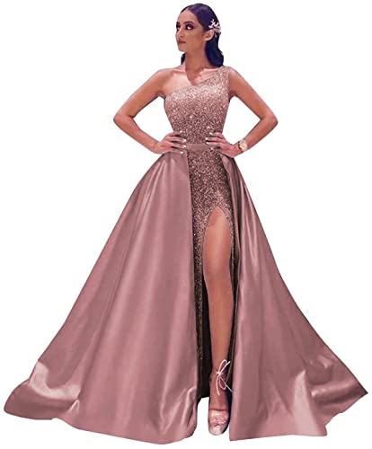 X/Y Frauen Abschlussball Kleid 2022 Eine Schulter Glitzernde Pailletten Abendkleider Meerjungfrau Slit Formale Party Ball Kleid mit Satin Abnehmbare Schleppe von X/Y