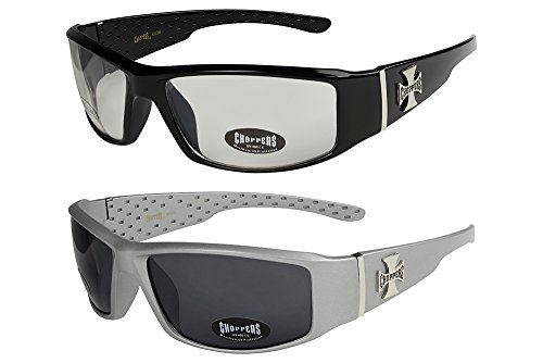 2er Pack Choppers 6608 X0 Sonnenbrillen Herren Damen Männer Frauen Brille - 1x Modell 14 (schwarz glänzend / annährend transparent) und 1x Modell 06 (silber matt / schwarz getönt) - Modell 14 + 06 - von X-CRUZE