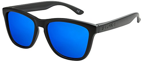 X-CRUZE 9-005 Nerd Sonnenbrillen polarisiert Style Stil Retro Vintage Retro Unisex Herren Damen Männer Frauen Brille - schwarz matt/blau verspiegelt von X-CRUZE