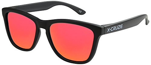 X-CRUZE 9-009 Nerd Sonnenbrillen polarisiert Style Stil Retro Vintage Retro Unisex Herren Damen Männer - schwarz matt LW/rot-orange verspiegelt von X-CRUZE