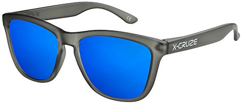 X-CRUZE 9-027 Nerd Sonnenbrillen polarisiert Style Stil Retro Vintage Retro Unisex Herren Damen - schwarz-transparent matt LW/blau verspiegelt von X-CRUZE