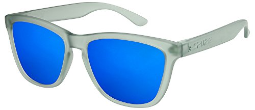 X-CRUZE 9-036 Nerd Sonnenbrillen polarisiert Style Stil Retro Vintage Retro Unisex Herren Damen Männer - grau-transparent matt/blau verspiegelt von X-CRUZE