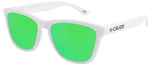 X-CRUZE 9-074 Nerd Sonnenbrillen polarisiert Style Stil Retro Vintage Retro Unisex Herren Damen Männer Frauen Brille - weiß matt LS/grün verspiegelt von X-CRUZE