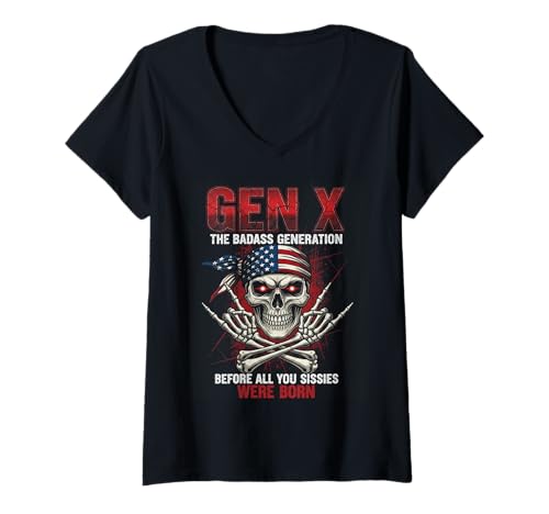 Damen X Generation vor Allyou Sissie wurden geboren Skull Usa Rock T-Shirt mit V-Ausschnitt von X Generation The Badasss Skull Rock Hand