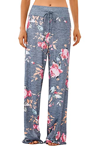 X-Image Bequemer Damen-Pyjama, Kordelzug, Stretch, Blumendruck, lang, weites Bein, Loungehose, Hellgrau, M von X-Image