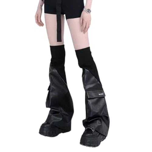 Punk Elastische Bündchen Bein Abdeckung PU Leder Gothic Beinlinge Rock Punk Kniehohe Stiefel Socken Mit Taschen von X-Institute
