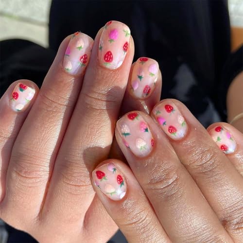 Quadratische Nägel zum Aufdrücken, Erdbeer-Designs, französische künstliche Nägel, Acryl, künstliche Nägel, zum Aufkleben auf Nägel für Frauen von X-Institute