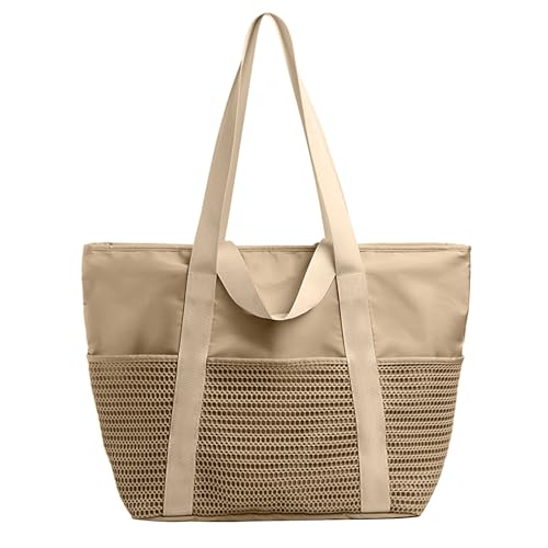 X SIM FITNESSX Damen Strandtasche Wasserdicht mit 6 Netztaschen Shopper Tasche Handtasche Lange und Kurze Tragegriffe mit Reißverschluss (Beige) von X SIM FITNESSX