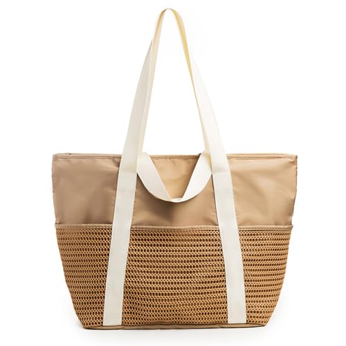 X SIM FITNESSX Damen Strandtasche Wasserdicht mit 6 Netztaschen Shopper Tasche Handtasche Lange und Kurze Tragegriffe mit Reißverschluss (Khaki) von X SIM FITNESSX