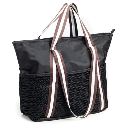 X SIM FITNESSX Damen Strandtasche Wasserdicht mit 6 Netztaschen Shopper Tasche Handtasche Lange und Kurze Tragegriffe mit Reißverschluss (Schwarz) von X SIM FITNESSX