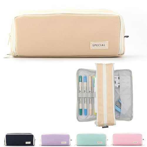 X SIM FITNESSX Federmäppchen Federtaschen Pencil Case Mäppchen Etui Stifte 3 Fach, Teenager Mädchen Große Kapazität Schreibwaren Stifttasche für Schule & Büro (Baumwolle- Beige) von X SIM FITNESSX