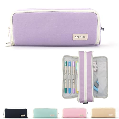 X SIM FITNESSX Federmäppchen Federtaschen Pencil Case Mäppchen Etui Stifte 3 Fach, Teenager Mädchen Große Kapazität Schreibwaren Stifttasche für Schule & Büro (Baumwolle-Lila) von X SIM FITNESSX