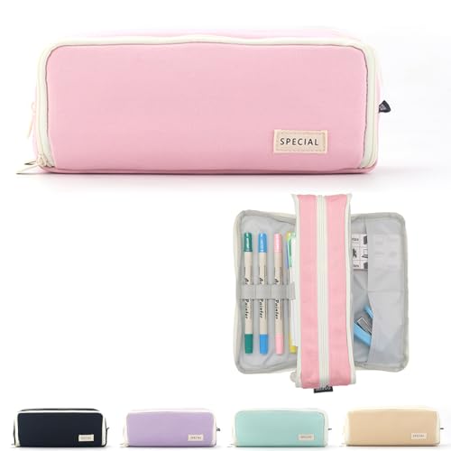 X SIM FITNESSX Federmäppchen Federtaschen Pencil Case Mäppchen Etui Stifte 3 Fach, Teenager Mädchen Große Kapazität Schreibwaren Stifttasche für Schule & Büro (Baumwolle-Pink) von X SIM FITNESSX