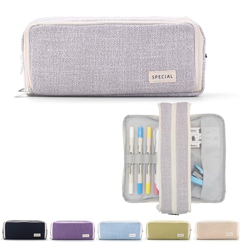 X SIM FITNESSX Federmäppchen Federtaschen Pencil Case Mäppchen Etui Stifte 3 Fach, Teenager Mädchen Große Kapazität Schreibwaren Stifttasche für Schule & Büro (Linen-Grau) von X SIM FITNESSX