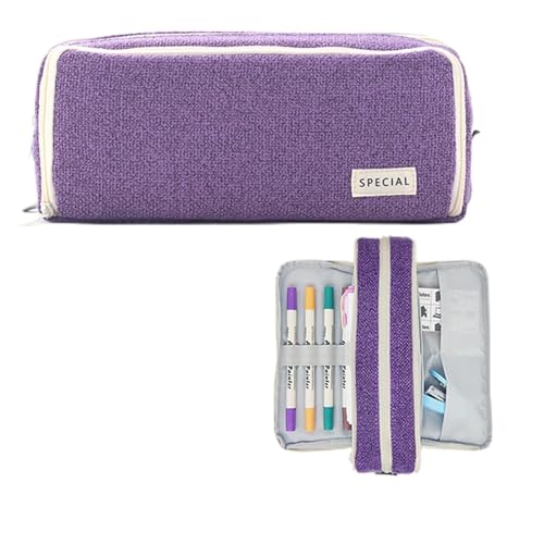 X SIM FITNESSX Federmäppchen Federtaschen Pencil Case Mäppchen Etui Stifte 3 Fach, Teenager Mädchen Große Kapazität Schreibwaren Stifttasche für Schule & Büro (Linen-Lila) von X SIM FITNESSX