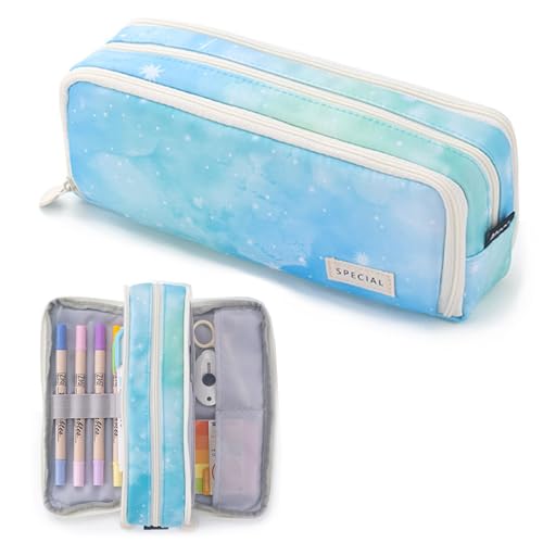 X SIM FITNESSX Federmäppchen Federtaschen Teenager Mädchen Mäppchen Etui Stifte 3 Fach, Große Kapazität Pencil Case für Schule & Büro (Blau-Sternenhimmel) von X SIM FITNESSX