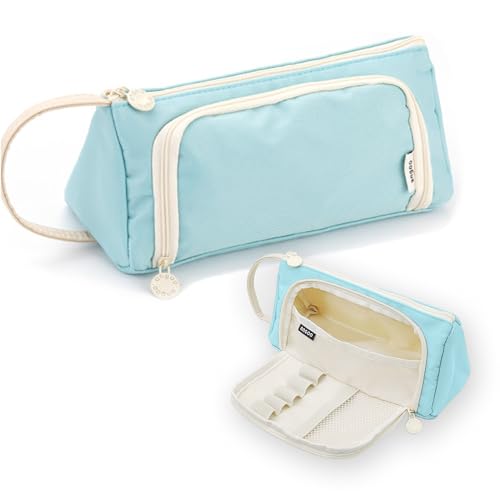 X SIM FITNESSX Federmäppchen Federtaschen Teenager Mädchen Mäppchen Etui Stifte 3 Fach Pencil Case für Schule & Büro (Polyester-lichte Blau) von X SIM FITNESSX