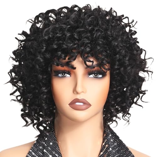 X-TRESS Natürliche schwarze lockige synthetische Perücke für schwarze Frauen, kurze lockige Afro-Perücke mit Pony, hitzebeständiges Kunsthaar von X-TRESS