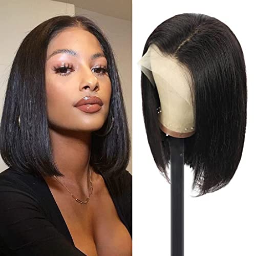 X-Tress Short Bob Wig 13x4cm Lace Front Wig Natürlich für Damen Human Hair Wig Natural Color Natürliches Schwarz Silky Straight Hair(12 Zoll) von X-TRESS