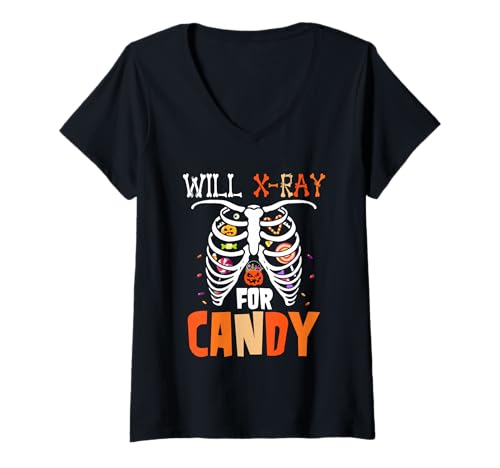 Damen Will X-Ray for Candy Halloween Candy In Skeleton Rib Cage T-Shirt mit V-Ausschnitt Damen Will X-Ray for Candy Halloween Candy In Skeleton Rib Cage T-Shirt mit V-Ausschnitt von X-ray Halloween Costume