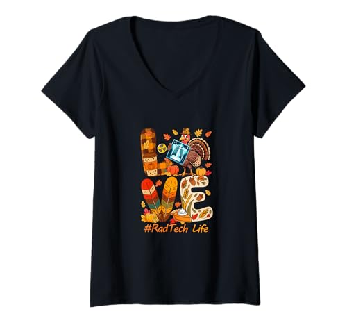 Damen Love Rad Tech Tools Thanksgiving Colorful Fall Leaves Turkey T-Shirt mit V-Ausschnitt von X-ray Thanksgiving Costume