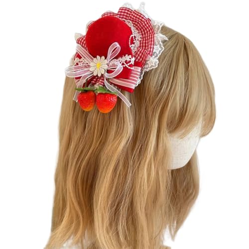 2 x zarte Schleifen-Plaids Erdbeerhut mit seitlichem Clip für süße Mädchen, Spitze Erdbeere Bowler Hut von XAGMODSHN