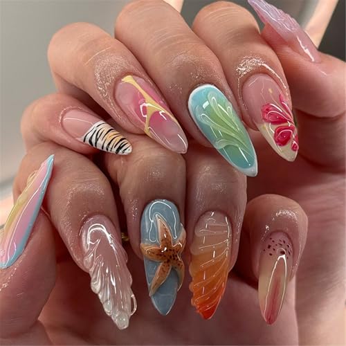 24 Stück Weihnachts-Nägel zum Aufdrücken, volle Abdeckung, Acryl mit Muschelmuster, zum Aufkleben, für Damen und Mädchen, modische Nageldesigns von XAGMODSHN