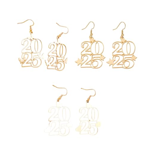 3 Paar trendige Legierung Ohrringe Gloden Nummer 2025 baumelnde Ohrringe bequeme Ohr-Accessoires für Damen und Mädchen Modeschmuck von XAGMODSHN