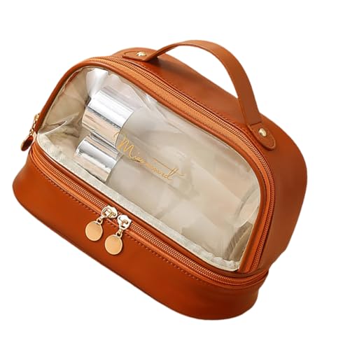 Doppelschichtige Kosmetiktasche, Reise-Make-up-Tasche für Damen, Kosmetiktasche, tragbar, wasserdicht, Kulturbeutel, Reisezubehör, mokkabraun, as described von XAGMODSHN
