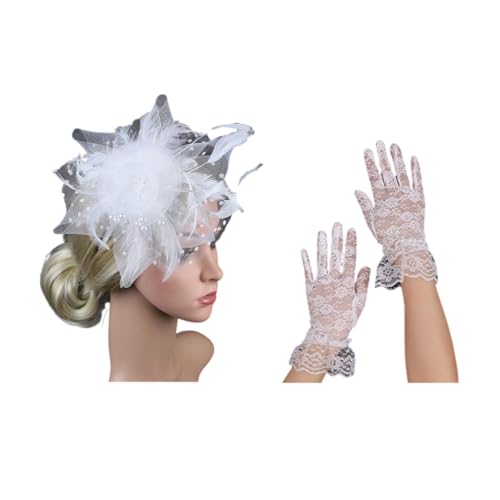 Eleganter Spitzenschleier Fascinator Hut und Handgelenk Spitze Handschuhe Set Haarschmuck für Braut Hochzeit Vintage Teeparty von XAGMODSHN