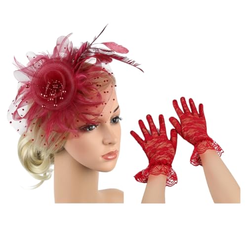Eleganter Spitzenschleier Fascinator Hut und Handgelenk Spitze Handschuhe Set Haarschmuck für Braut Hochzeit Vintage Teeparty von XAGMODSHN