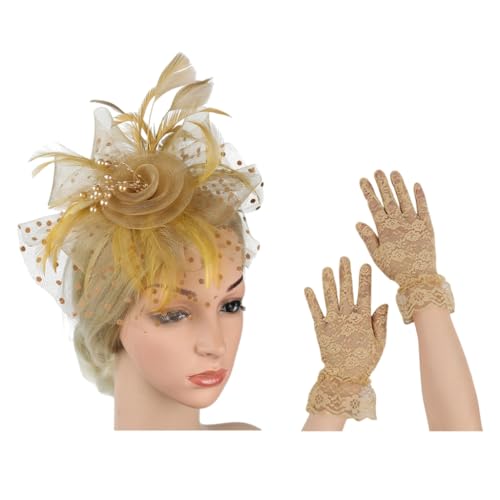Eleganter Spitzenschleier Fascinator Hut und Handgelenk Spitze Handschuhe Set Haarschmuck für Braut Hochzeit Vintage Teeparty von XAGMODSHN