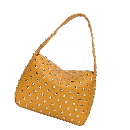 Punk Styles Nieten Schultertasche PU Leder Kleine Handtasche für Frauen Streetwear Mode Motorrad Retro Unterarm Geldbörse PU Leder Handtasche, gelb, One Size von XAGMODSHN