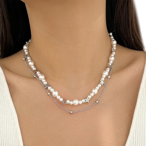 XAGMODSHN Mehrschichtige Halskette mit Stern-Anhänger, Halskette mit Kunstperlen, verstellbare Länge, Schmuck für Damen und Herren, 35+7cm, Metall XAGMODSHN Mehrschichtige Halskette mit Stern-Anhänger, Halskette mit Kunstperlen, verstellbare Länge, Schmuck für Damen und Herren, 35+7cm, Metall von XAGMODSHN