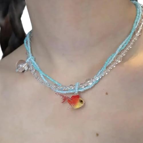 XAGMODSHN Modische Jinli-Fisch-Halskette mit mehrschichtigen Strängen mit Blasen-Perlen, tragbar, für elegantes Accessoire zu jedem Outfit, mehrschichtige Halskette, Einheitsgröße, Wie beschrieben von XAGMODSHN