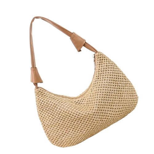 XAGMODSHN Modische Strohtasche mit farblichen Kontrast-Details, eleganter Tragegriff oben für Urlaub und Einkaufen, Zwei-Wege-Strohtasche, khaki, One Size von XAGMODSHN