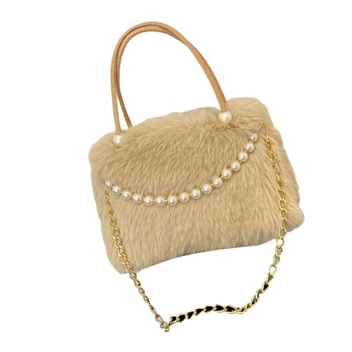 XAGMODSHN Tragbare Handtasche aus Plüsch mit Pelz- und Perlenverzierung, flauschige Handtasche, Crossbody-Tasche für modische Damen und Mädchen, mit Perlen verzierte Schultertasche, helles kaffebraun von XAGMODSHN
